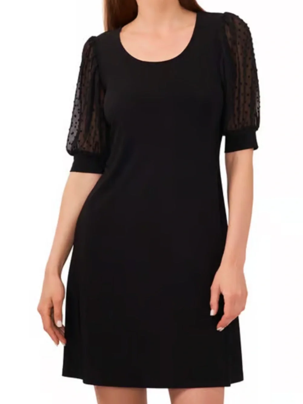 Womens MSK Short Sleeve Clip Dot Band Round Neck Shift Dress